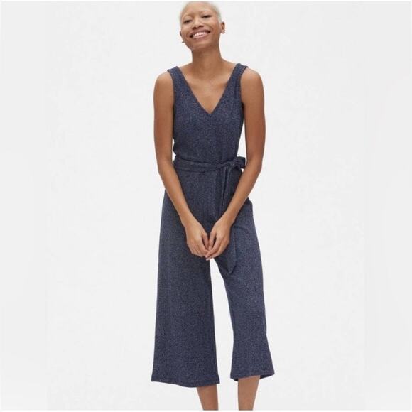 GAP | Marled Navy Rib-Knit Sleeveless Wide Leg Jumpsuit with Belt | Sz XS - Picture 2 of 7